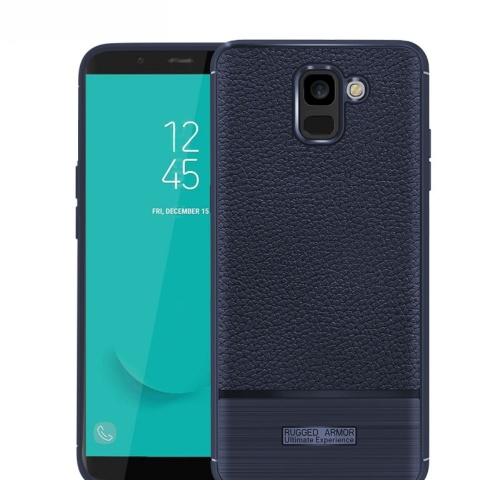 SAMSUNG Galaxy J6 (2018) J600F Telefonvédő gumi / szilikon (közepesen ütésálló, bőrhatás, szálcsiszolt) SÖTÉTKÉK	