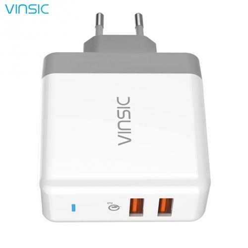 VINSIC hálózati töltő 2 x USB aljzat (2 x 5V / 1500mA, gyorstöltés támogatás, kábel nélkül) FEHÉR	