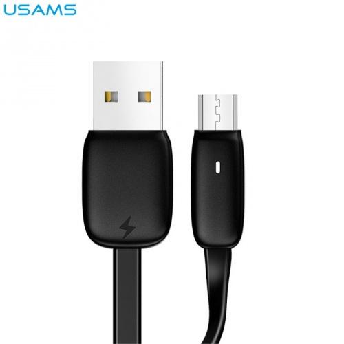 USAMS U6 adatátvitel adatkábel és töltő (microUSB, 120 cm, LED jelző, gyorstöltés támogatás, lapos kábel) FEKETE
