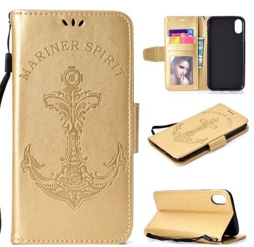 APPLE IPhone XS Max 6.5 Tok álló, bőr (FLIP, oldalra nyíló, asztali tartó funkció, csuklópánt, vasmacska minta) ARANY	