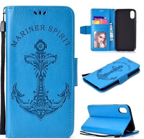 APPLE IPhone XS Max 6.5 Tok álló, bőr (FLIP, oldalra nyíló, asztali tartó funkció, csuklópánt, vasmacska minta) KÉK	