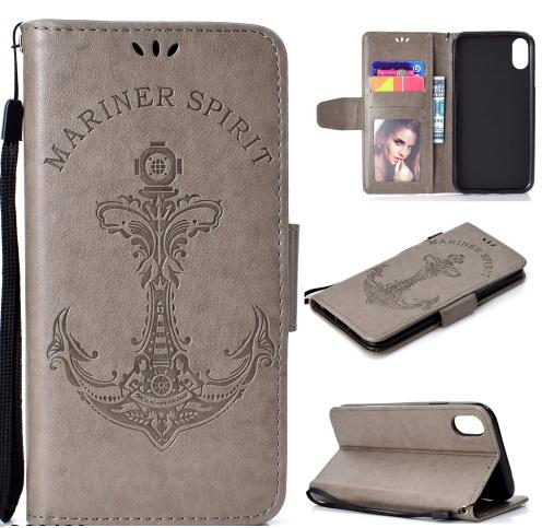 APPLE IPhone XS Max 6.5 Tok álló, bőr (FLIP, oldalra nyíló, asztali tartó funkció, csuklópánt, vasmacska minta) SZÜRKE	