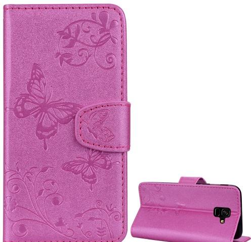 SAMSUNG Galaxy A6 (2018) SM-A600F Tok álló, bőr (FLIP, oldalra nyíló, asztali tartó funkció, tükör, pillangó minta) RÓZSASZÍN	