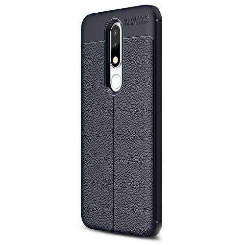 NOKIA 5.1 Plus (Nokia X5) Telefonvédő gumi / szilikon (közepesen ütésálló, bőrhatás, varrás minta) SÖTÉTKÉK	