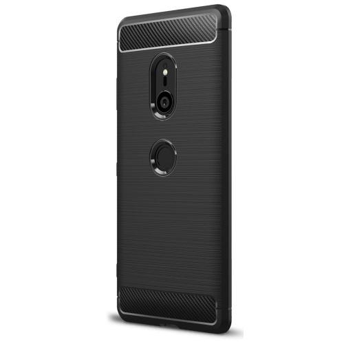 SONY Xperia XZ3 (H9436) Telefonvédő gumi / szilikon (közepesen ütésálló, légpárnás sarok, szálcsiszolt, karbonminta) FEKETE	