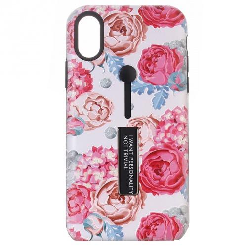  APPLE IPhone XS Max 6.5 Műanyag telefonvédő (szilikon belső, asztali tartó funkció, ujjra húzható szilikon, bazsarózsa minta) FEHÉR	