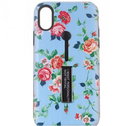 APPLE IPhone XS Max 6.5 Műanyag telefonvédő (szilikon belső, asztali tartó funkció, ujjra húzható szilikon, bazsarózsa minta) KÉK	