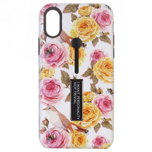 APPLE IPhone XS Max 6.5 Műanyag telefonvédő (szilikon belső, asztali tartó funkció, ujjra húzható szilikon, virágminta) FEHÉR	