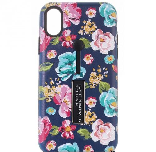 APPLE IPhone XS Max 6.5 Műanyag telefonvédő (szilikon belső, asztali tartó funkció, ujjra húzható szilikon, virágminta) SÖTÉTKÉK	