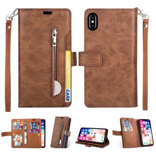 APPLE IPhone XR 6.1 Tok álló, bőr (FLIP, oldalra nyíló, asztali tartó funkció, cipzáras pénztárca, csuklópánt) BARNA	