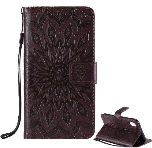 APPLE IPhone XR 6.1 Tok álló, bőr (FLIP, oldalra nyíló, asztali tartó funkció, csuklópánt, napraforgó minta) BARNA	