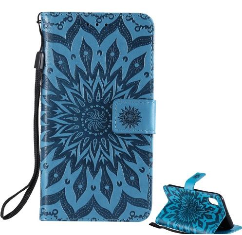 APPLE IPhone XR 6.1 Tok álló, bőr (FLIP, oldalra nyíló, asztali tartó funkció, csuklópánt, napraforgó minta) KÉK	