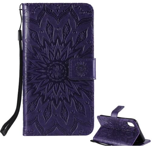 APPLE IPhone XR 6.1 Tok álló, bőr (FLIP, oldalra nyíló, asztali tartó funkció, csuklópánt, napraforgó minta) LILA	