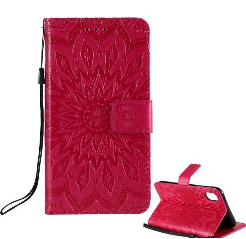 APPLE IPhone XR 6.1 Tok álló, bőr (FLIP, oldalra nyíló, asztali tartó funkció, csuklópánt, napraforgó minta) PIROS	