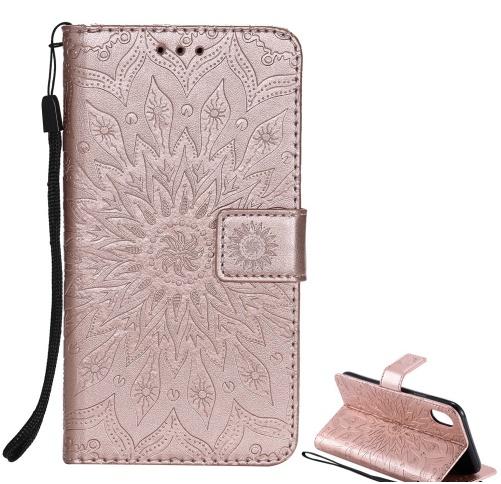 APPLE IPhone XR 6.1 Tok álló, bőr (FLIP, oldalra nyíló, asztali tartó funkció, csuklópánt, napraforgó minta) ROZÉARANY	