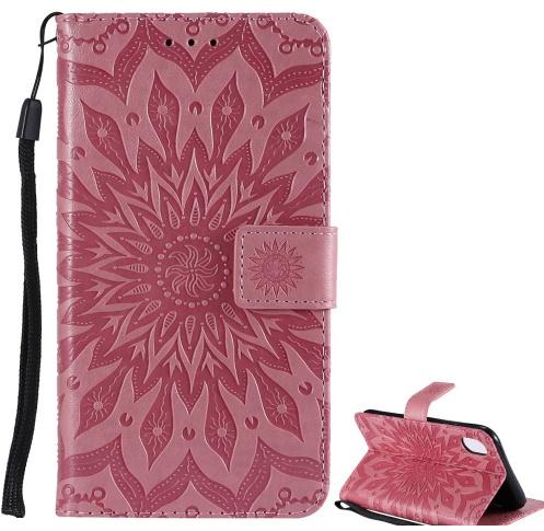 APPLE IPhone XR 6.1 Tok álló, bőr (FLIP, oldalra nyíló, asztali tartó funkció, csuklópánt, napraforgó minta) RÓZSASZÍN	