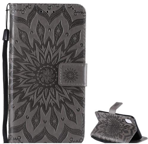 APPLE IPhone XR 6.1 Tok álló, bőr (FLIP, oldalra nyíló, asztali tartó funkció, csuklópánt, napraforgó minta) SZÜRKE	