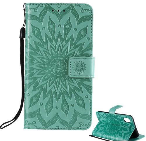 APPLE IPhone XR 6.1 Tok álló, bőr (FLIP, oldalra nyíló, asztali tartó funkció, csuklópánt, napraforgó minta) ZÖLD	