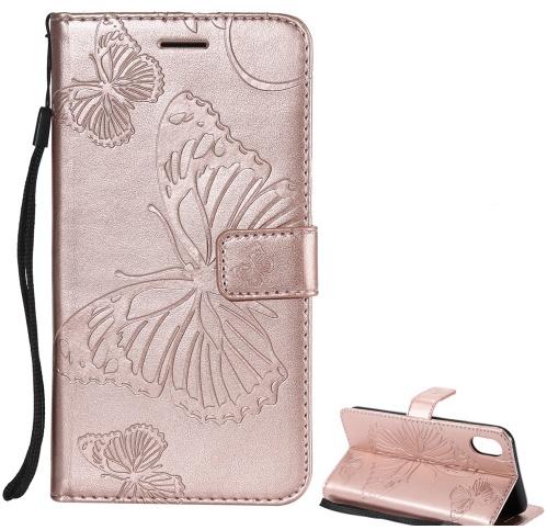 APPLE IPhone XR 6.1 Tok álló, bőr (FLIP, oldalra nyíló, asztali tartó funkció, csuklópánt, pillangó minta) ROZÉARANY	