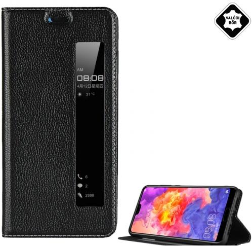 HUAWEI P20 Pro Tok álló, valódi bőr (FLIP, oldalra nyíló, View Window) FEKETE	