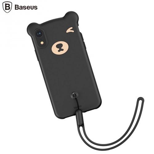 APPLE IPhone XR 6.1 BASEUS telefonvédő gumi / szilikon (3D, csuklópánt, medve minta) FEKETE	