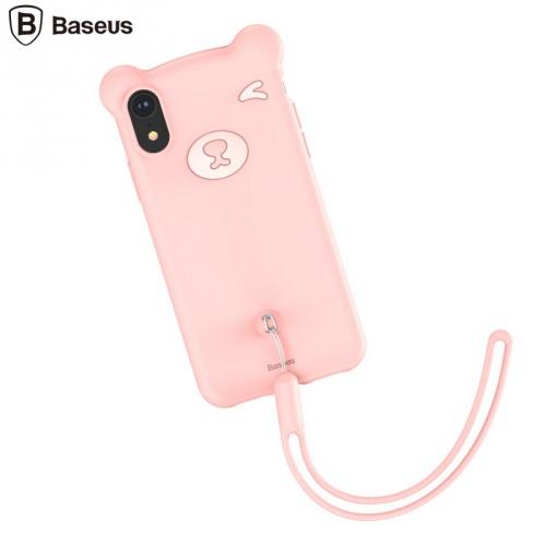 APPLE IPhone XR 6.1 BASEUS telefonvédő gumi / szilikon (3D, csuklópánt, medve minta) RÓZSASZÍN	