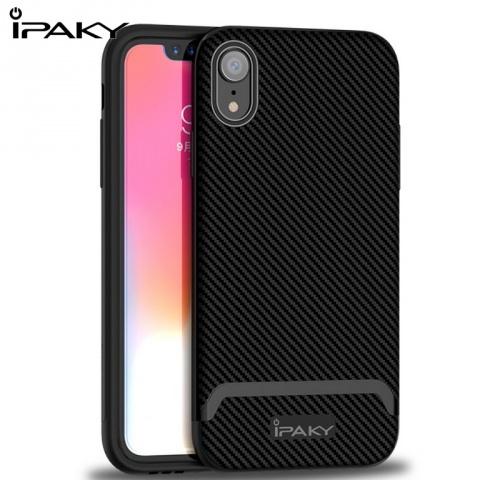 APPLE IPhone XR 6.1 IPAKY telefonvédő gumi / szilikon (műanyag keret, közepesen ütésálló, karbonminta) FEKETE	