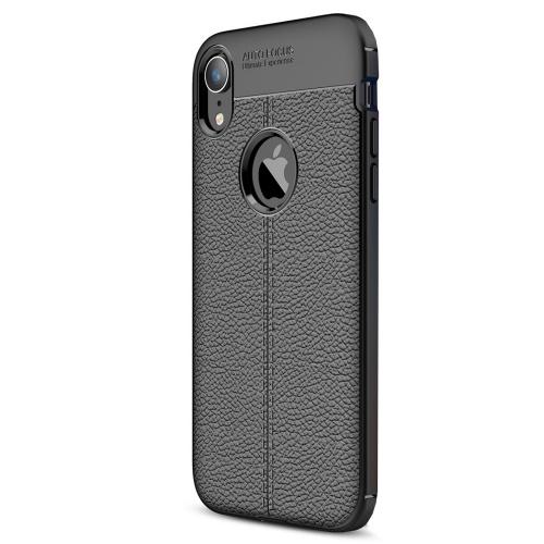 APPLE IPhone XR 6.1 Telefonvédő gumi / szilikon (közepesen ütésálló, bőrhatás, varrás minta, logo kivágás) FEKETE	