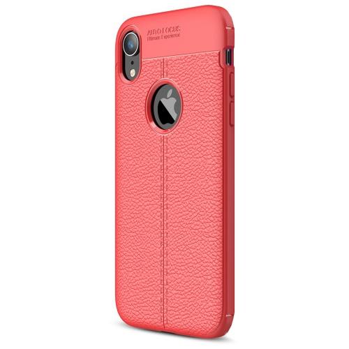 APPLE IPhone XR 6.1 Telefonvédő gumi / szilikon (közepesen ütésálló, bőrhatás, varrás minta, logo kivágás) PIROS	