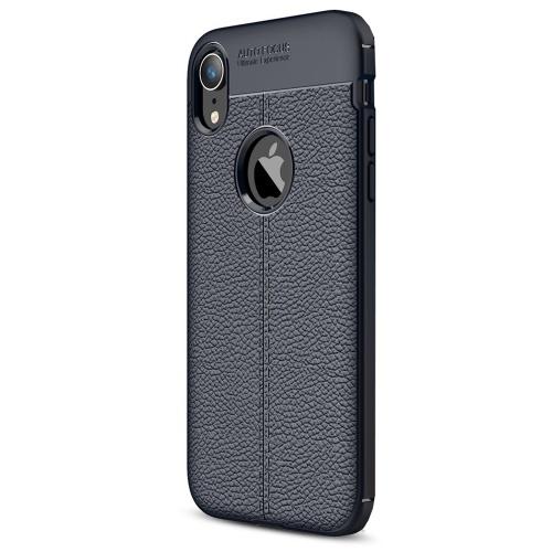 APPLE IPhone XR 6.1 Telefonvédő gumi / szilikon (közepesen ütésálló, bőrhatás, varrás minta, logo kivágás) SÖTÉTKÉK	