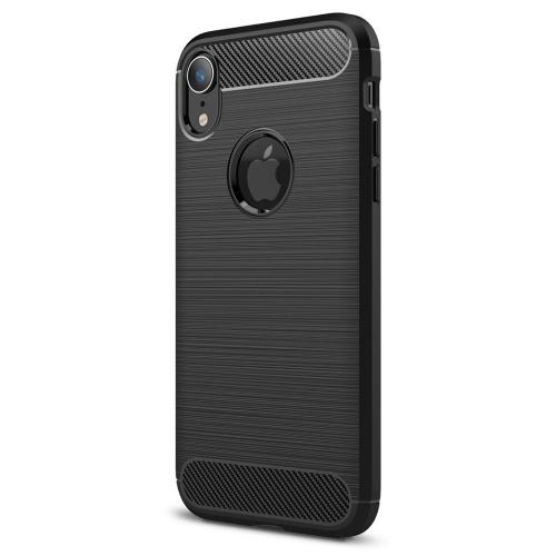 APPLE IPhone XR 6.1 Telefonvédő gumi / szilikon (közepesen ütésálló, légpárnás sarok, szálcsiszolt, karbonminta, logo kivágás) FEKETE	