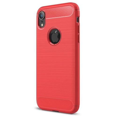 APPLE IPhone XR 6.1 Telefonvédő gumi / szilikon (közepesen ütésálló, légpárnás sarok, szálcsiszolt, karbonminta, logo kivágás) PIROS	