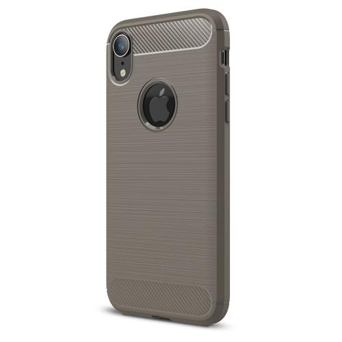 APPLE IPhone XR 6.1 Telefonvédő gumi / szilikon (közepesen ütésálló, légpárnás sarok, szálcsiszolt, karbonminta, logo kivágás) SZÜRKE	