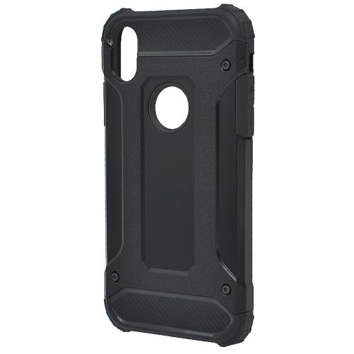 APPLE IPhone XR 6.1 Defender műanyag telefonvédő (közepesen ütésálló, gumi / szilikon belső, fémhatás, logo kivágás) FEKETE	