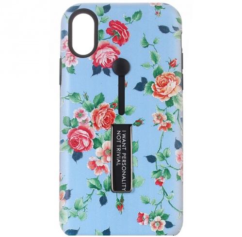 APPLE IPhone XR 6.1 Műanyag telefonvédő (szilikon belső, asztali tartó funkció, ujjra húzható szilikon, bazsarózsa minta) KÉK	