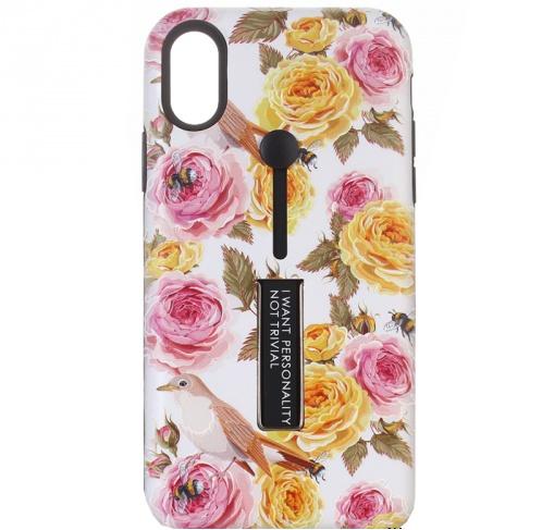 APPLE IPhone XR 6.1 Műanyag telefonvédő (szilikon belső, asztali tartó funkció, ujjra húzható szilikon, virágminta) FEHÉR	