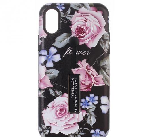 APPLE IPhone XR 6.1 Műanyag telefonvédő (szilikon belső, asztali tartó funkció, ujjra húzható szilikon, virágminta) FEKETE	