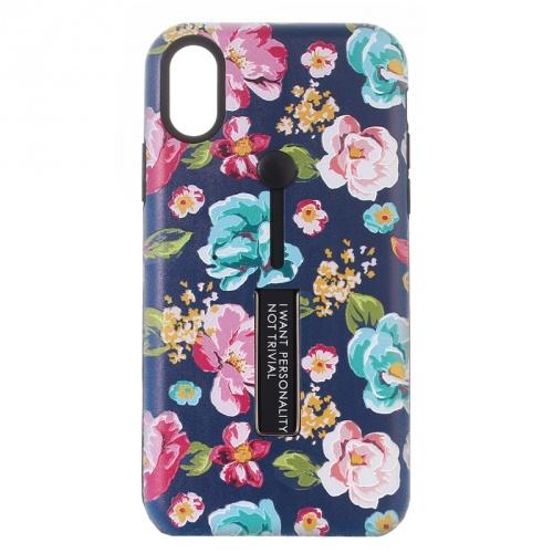APPLE IPhone XR 6.1 Műanyag telefonvédő (szilikon belső, asztali tartó funkció, ujjra húzható szilikon, virágminta) SÖTÉTKÉK	