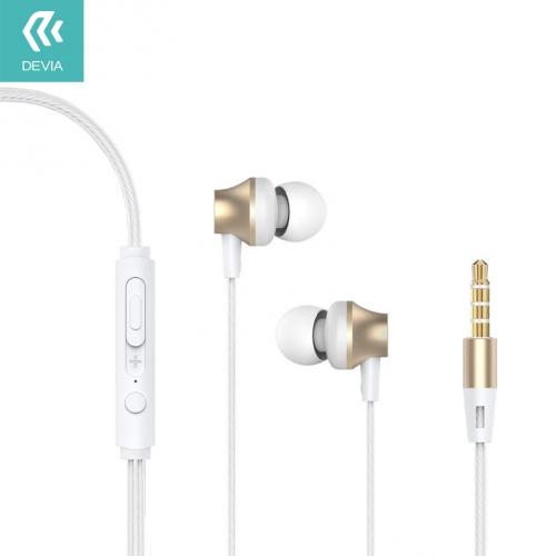 DEVIA Metal fülhallgató SZTEREO (3.5 mm jack, mikrofon, felvevő gomb, hangerőszabályzó) ARANY	