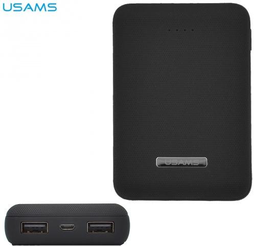 USAMS hordozható vésztöltő (belső 10000 mAh Li-Polymer akku, 2 x USB aljzat, 5V / 2000mA, microUSB kábel) FEKETE	