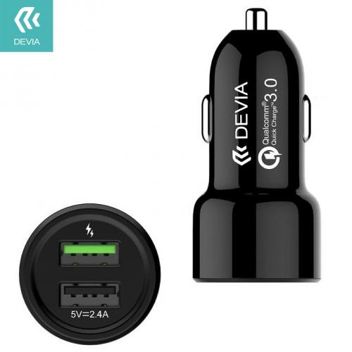 DEVIA szivargyújtó töltő / autós töltő 2 x USB aljzat (5V / 2400mA, gyorstöltés támogatás, kábel nélkül) FEKETE	