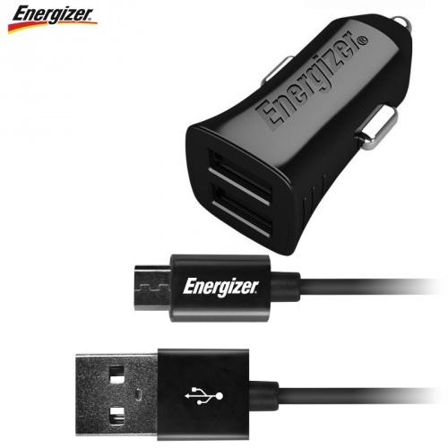 ENERGIZER szivargyújtó töltő/autós töltő USB aljzat (5V/2400mA, 12/24 V, gyorstöltés támogatás, microUSB kábel) FEKETE	