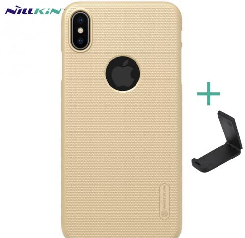 APPLE IPhone XS Max 6.5 NILLKIN SUPER FROSTED műanyag telefonvédő (gumírozott, érdes felület, logo kivágás + asztali tartó) ARANY	