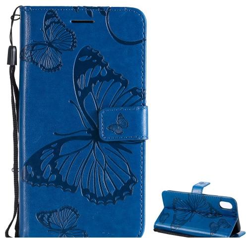 HUAWEI Mate 20 Lite Tok álló, bőr (FLIP, oldalra nyíló, asztali tartó funkció, csuklópánt, pillangó minta) KÉK	