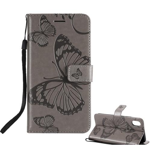 HUAWEI Mate 20 Lite Tok álló, bőr (FLIP, oldalra nyíló, asztali tartó funkció, csuklópánt, pillangó minta) SZÜRKE	