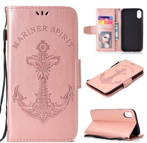 APPLE IPhone X 5.8 /APPLE IPhone XS 5.8 Tok álló, bőr (FLIP, oldalra nyíló, asztali tartó funkció, csuklópánt, vasmacska minta) ROZÉARANY	