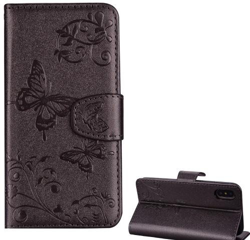 APPLE IPhone XS Max 6.5 Tok álló, bőr (FLIP, oldalra nyíló, asztali tartó funkció, tükör, pillangó minta) ARANYBARNA	