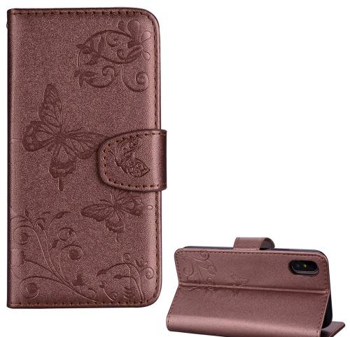 APPLE IPhone XR 6.1 Tok álló, bőr (FLIP, oldalra nyíló, asztali tartó funkció, tükör, pillangó minta) BRONZ	