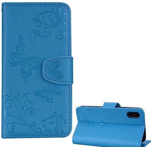 APPLE IPhone XR 6.1 Tok álló, bőr (FLIP, oldalra nyíló, asztali tartó funkció, tükör, pillangó minta) KÉK	