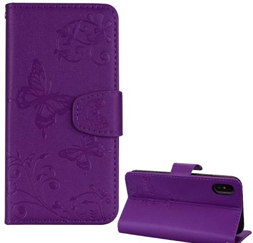 APPLE IPhone XS Max 6.5 Tok álló, bőr (FLIP, oldalra nyíló, asztali tartó funkció, tükör, pillangó minta) LILA	